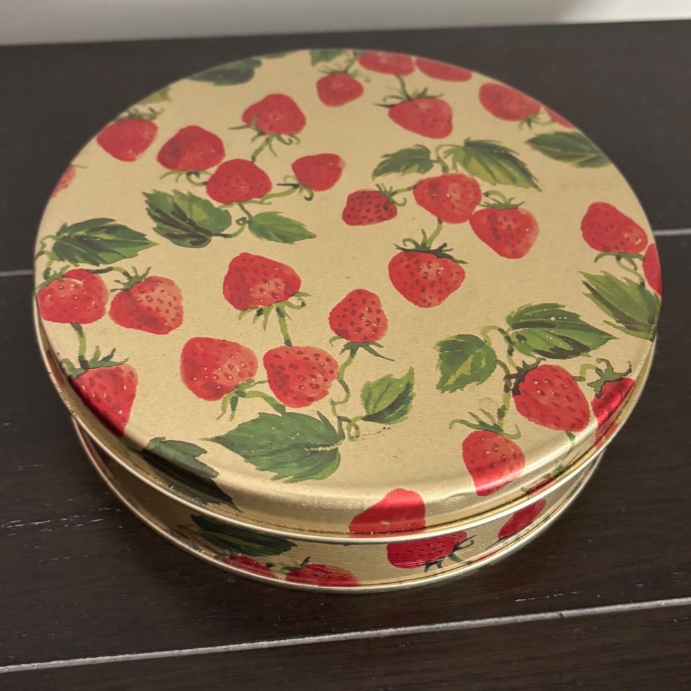 Harry and David Strawberry Print Round Gold Metal Decorative Storage Tin 6x2